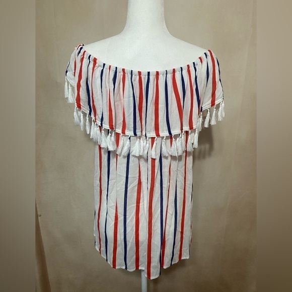 Kori America women's L patriotic off the shoulder fringe top EUC - Picture 4 of 6